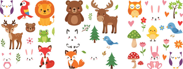 Fototapeta premium Cute forest animals and nature elements collection with fox, deer, bear, owl and rabbit, woodland cartoon characters set, vector illustration isolated on white background