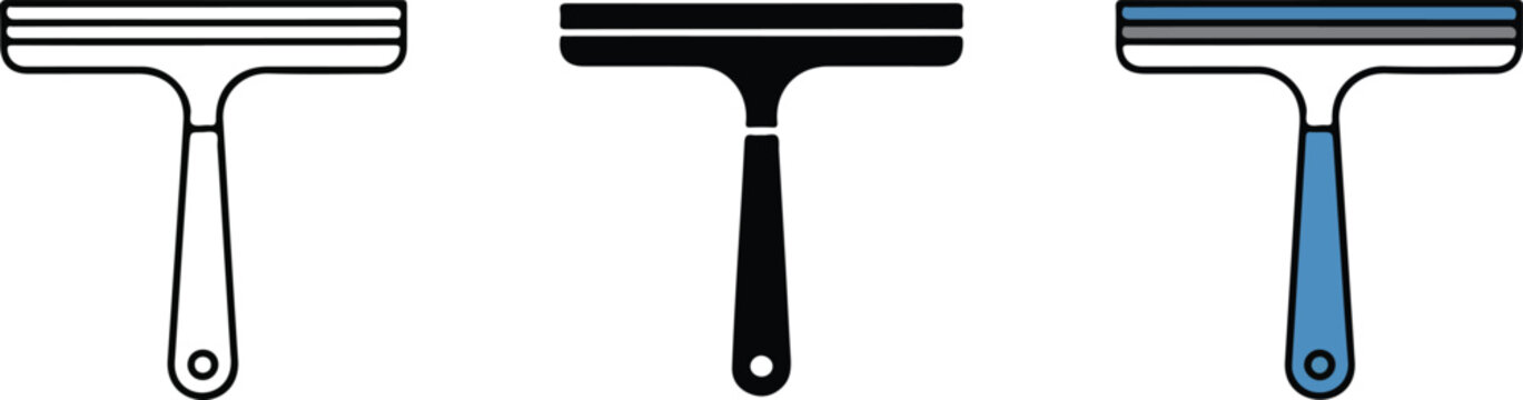 Window squeegee glass cleaner vector icon set featuring cleaning service and household chore tools in colorful flat and black silhouette styles isolated on white.