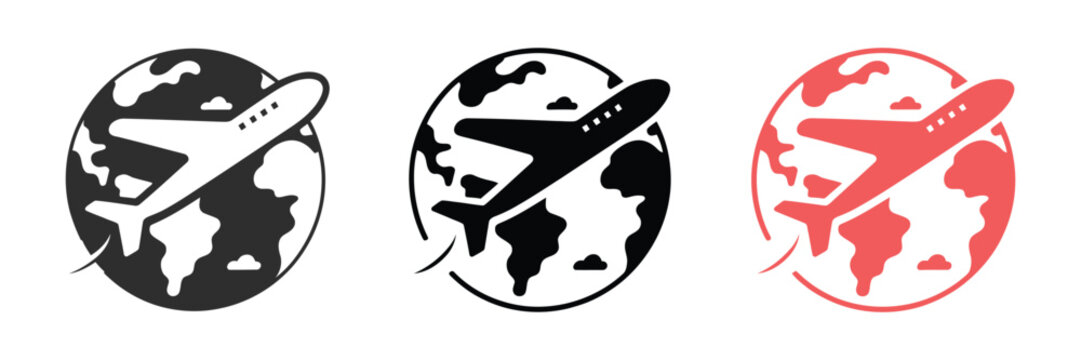 Airplane globe icon, travel around earth symbols, aviation world flight graphics, global travel concept, vector illustration