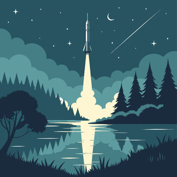 Mystical retro illustration of a sleek rocket launching into the night sky over a serene lake, reflecting its powerful exhaust plume amidst a dense forest and twinkling stars with a crescent moon