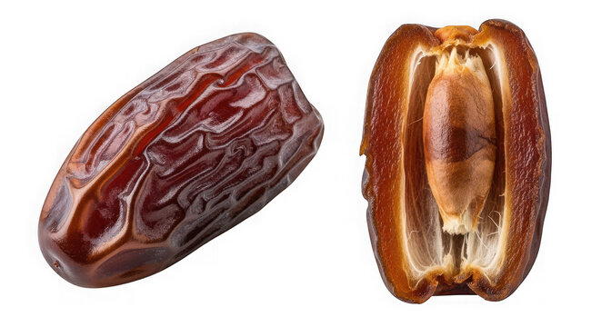 Whole and halved dried date fruit isolated on transparent background
