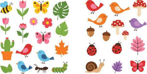 Cute garden and forest elements collection with birds, butterflies, flowers, leaves and insects, colorful nature cartoon vector illustration isolated on white background © MdNazmul