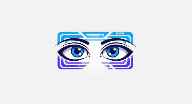 Stylized eyes within a digital interface, vibrant blue and purple hues