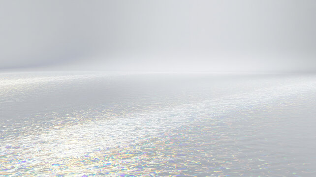 Minimalist white abstract ocean surface with iridescent shimmering water ripples under bright hazy sky creating clean serene ethereal background with soft pearlescent lighting and wide horizon.