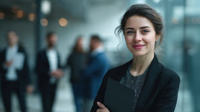 Confident young professional woman smiling in a modern corporate office setting