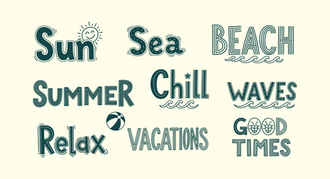 Hand drawn summer vacation lettering set with sun beach waves and relax quotes for holiday design.