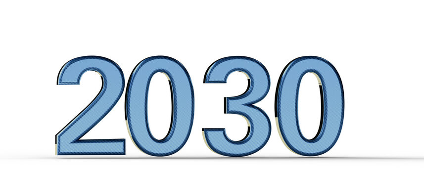 Bold blue 2030 year in a digital font, isolated on white background. Perfect for futuristic concepts and design. Great f