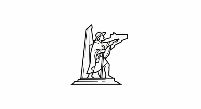 Stylized figure in historical attire points ahead with a staff