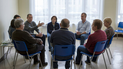 Obraz premium Diverse group adults engage in open discussion during support group meeting in bright room, sharing experiences and offering mutual encouragement, fostering sense community and understanding.