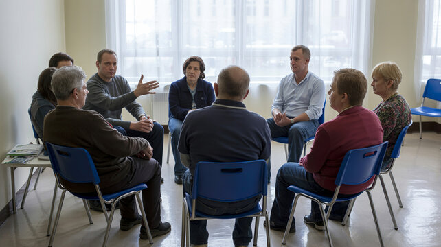 Diverse group adults engage in open discussion during support group meeting in bright room, sharing experiences and offering mutual encouragement, fostering sense community and understanding.