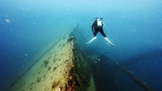 Pan from Scuba Diver on SMS Cormoran II Edge to the Ship's Bow, Guam