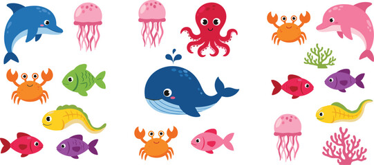 Cute ocean animals collection with dolphin, whale, octopus, fish, jellyfish and crab, colorful marine life cartoon vector illustration isolated on white background © MdNazmul