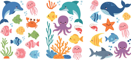 Cute ocean animals collection with dolphin, whale, octopus, fish, jellyfish and crab, colorful marine life cartoon vector illustration isolated on white background © MdNazmul