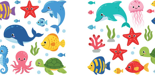 Obraz premium Cute ocean animals collection with dolphin, whale, fish, octopus, turtle and starfish, colorful marine life cartoon vector illustration isolated on white background