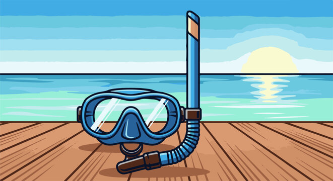 Snorkel gear rests on wooden planks by calm ocean with sunlit horizon