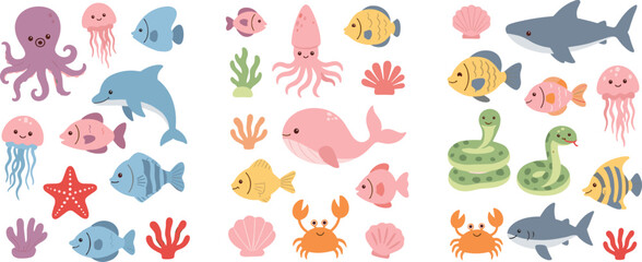 Cute ocean animals collection with fish, dolphin, shark, octopus, jellyfish and crab, colorful marine life cartoon vector illustration isolated on white background © MdNazmul
