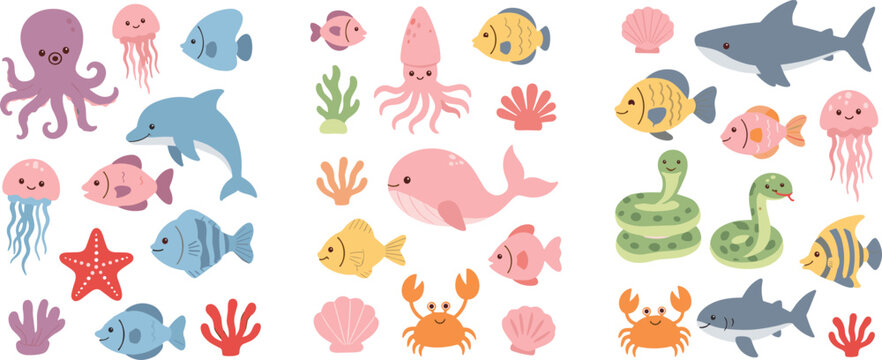Cute ocean animals collection with fish, dolphin, shark, octopus, jellyfish and crab, colorful marine life cartoon vector illustration isolated on white background