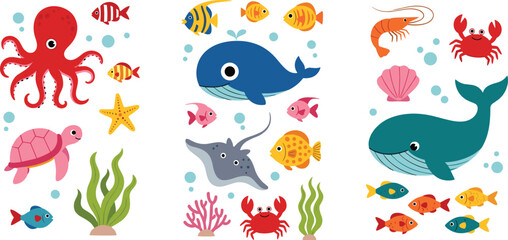Obraz premium Cute ocean animals collection with whale, octopus, fish, turtle and crab, colorful marine life cartoon vector illustration isolated on white background