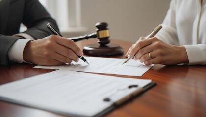 Two individuals, a man and a woman, sign legal documents on a wooden desk with a judge's gavel...