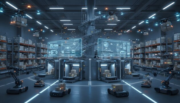 Futuristic automated warehouse with robots drones and advanced logistics systems efficiently managing cargo and ope ns