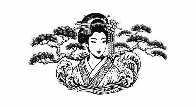 Stylized depiction of a geisha amidst a Japanese landscape of waves and pine trees