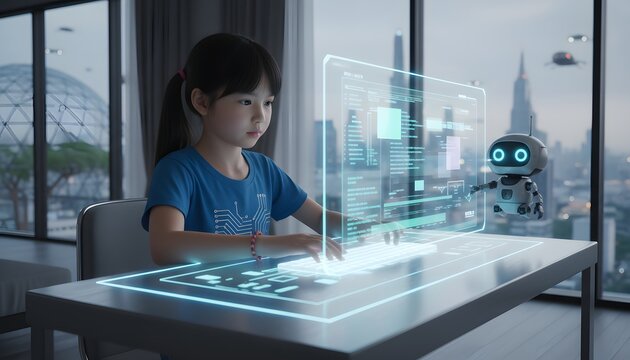 A young girl is learning and interacting with a robot using a futuristic holographic interface in a modern city