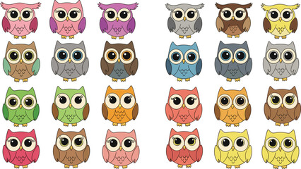 Obraz premium Cute owl collection with colorful cartoon birds and different expressions, adorable woodland animal characters set, vector illustration isolated on white background
