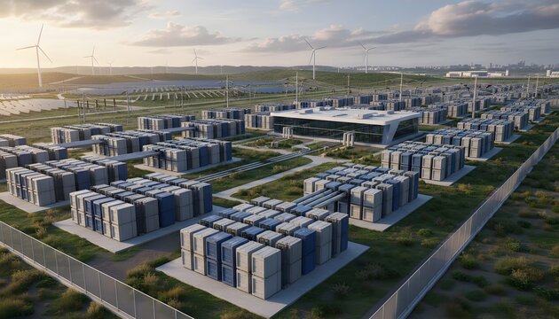 Vast renewable energy storage facility with battery containers solar panels and wind turbines at sunset