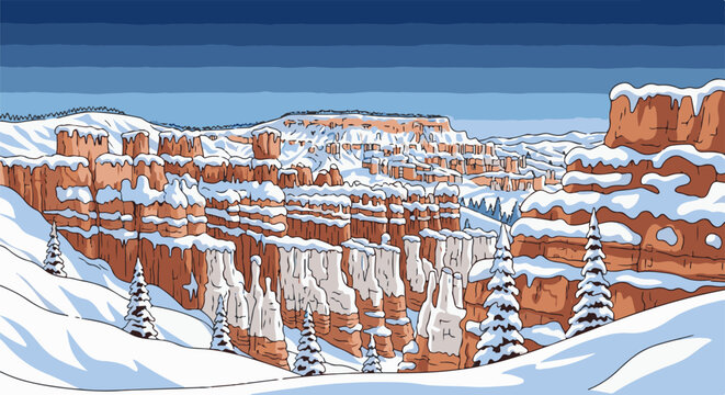 Snow-covered sandstone hoodoos under a deep blue sky