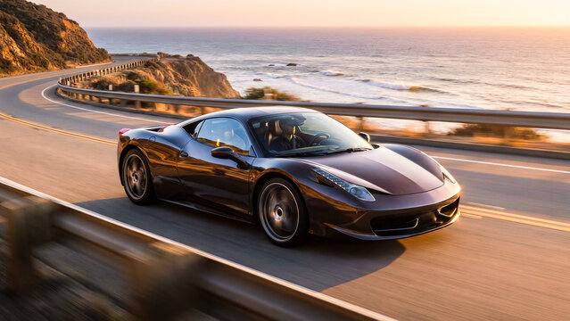 Supercar driving on coastal road at sunset