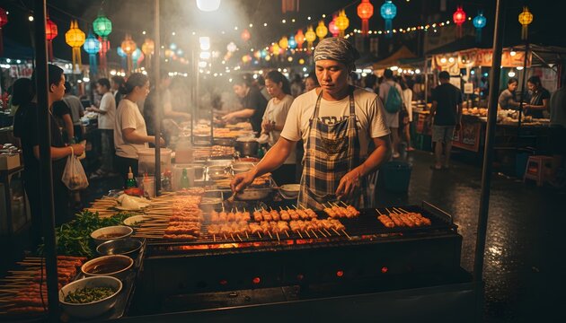 A street food vendor grills marinated meat skewers on a busy atmospheric night market under vibrant colorful lanterns