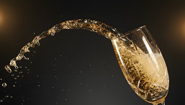 Close up of golden champagne being poured into a flute glass creating a dynamic splash with effervescent bubbles