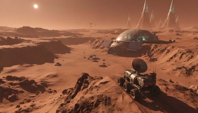 A futuristic rover drives across a dusty Martian landscape towards a domed settlement and alien spires