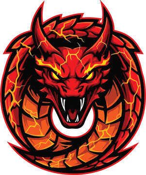 Dragon mascot features a fierce red creature with glowing yellow eyes and cracked lava skin textures set against a clean white background.