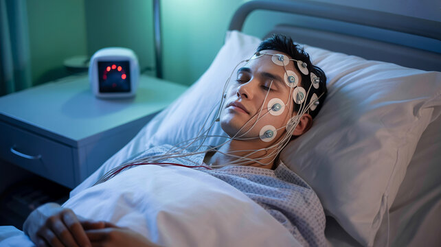 Man with electrodes attached to head sleeps in hospital bed; undergoes sleep study; medical equipment monitors brain activity; scientific research on sleep disorders.