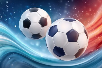 Fototapeta premium Dynamic abstract background with two soccer balls, swirling blue and red energy and stars