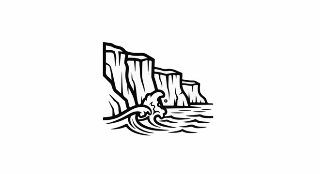 Stylized black and white illustration of rocky cliffs meeting the sea
