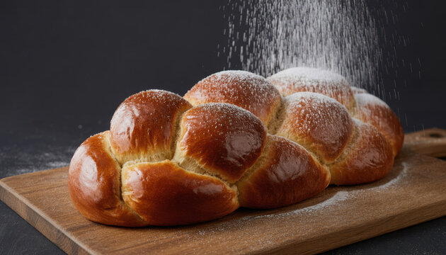 Freshly baked challah bread on a wooden cutting board with powdered sugar falling from above