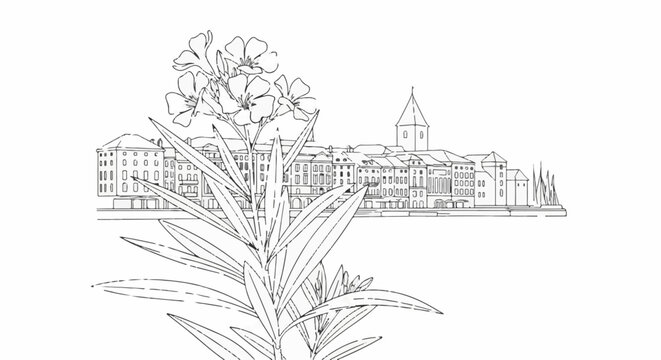 Sketch of flowering oleander against backdrop of old European waterfront buildings