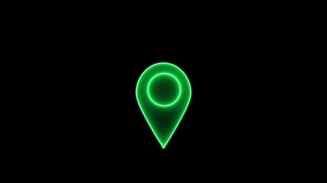 Glowing neon light location icon. Location symbol glowing on dark. Neon glowing location icon on a black background.