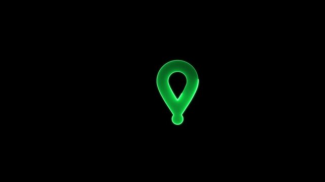 Glowing neon line location icon isolated on black background. abstract motion background. Location map pointer with dots particles glowing colorful technology background.