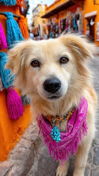 A golden-colored dog wears a vibrant pink bandana and turquoise charm on a stone street. Colorful orange buildings and decorative tassels appear in the bright daytime background