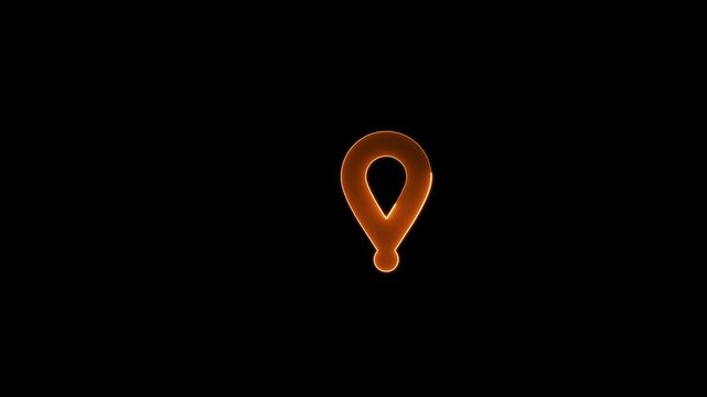 Glowing neon line location icon isolated on black background. abstract motion background. Location map pointer with dots particles glowing colorful technology background.