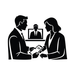 Obraz premium Business meeting with remote participant. Job interview and online collaboration concept. Minimalist silhouette vector illustration