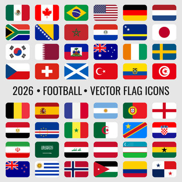 48 national flag icons for 2026 international football season. Rounded-rectangle style flag icons for global sports reporting, mobile app interfaces, sports news websites, match schedules