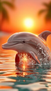 A dolphin rises from the ocean water, splashing droplets high into the air