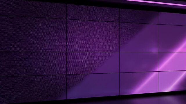 A modern, abstract architectural detail showcases a grid of purple panels with dynamic lighting, creating a futuristic and textured visual.