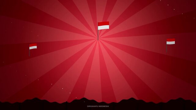 Red and white Indonesian flags against a radiant sunburst background with silhouetted landscape