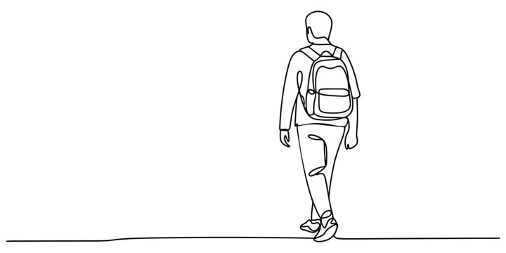 Single line drawing of a student walking with a backpack