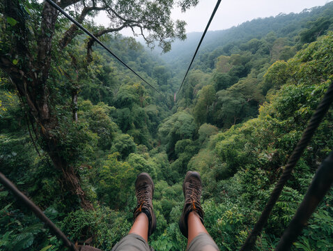 Person ziplining over lush rainforest canopy in costa rica